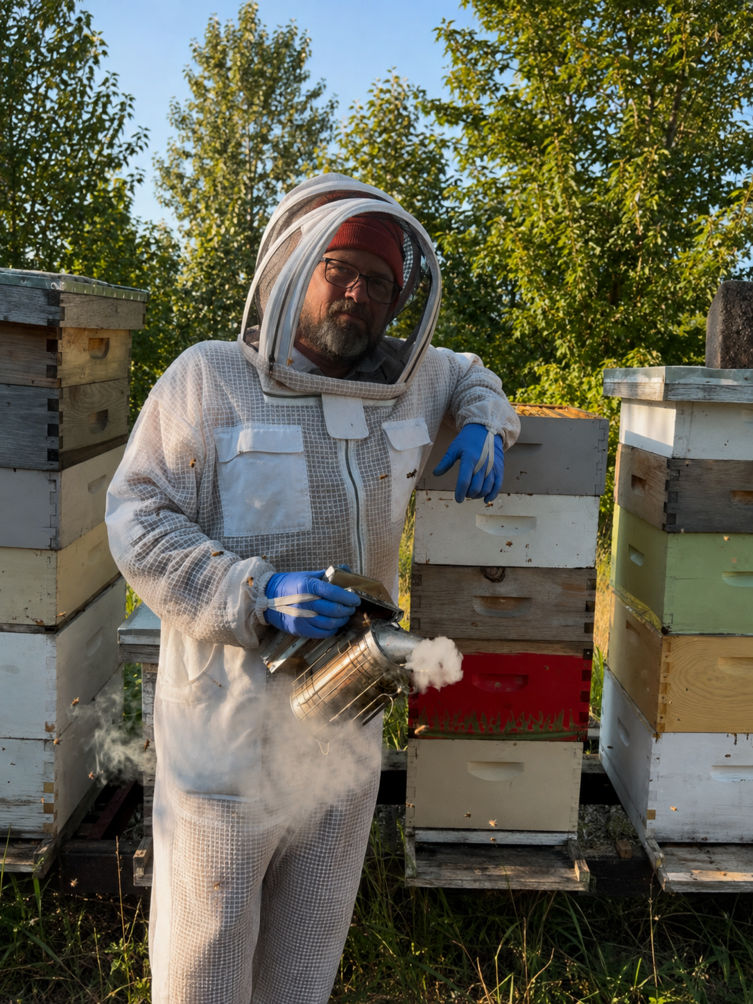 Alan working with the Honey & Hive apiary and holding a bee smoker