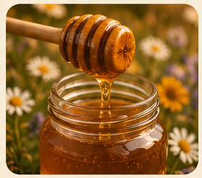 Honey being poured from a wooden dipper into a glass jar