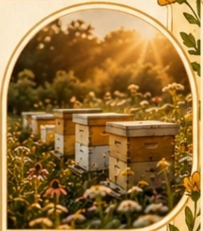 Several beehives in a sunlit wildflower meadow