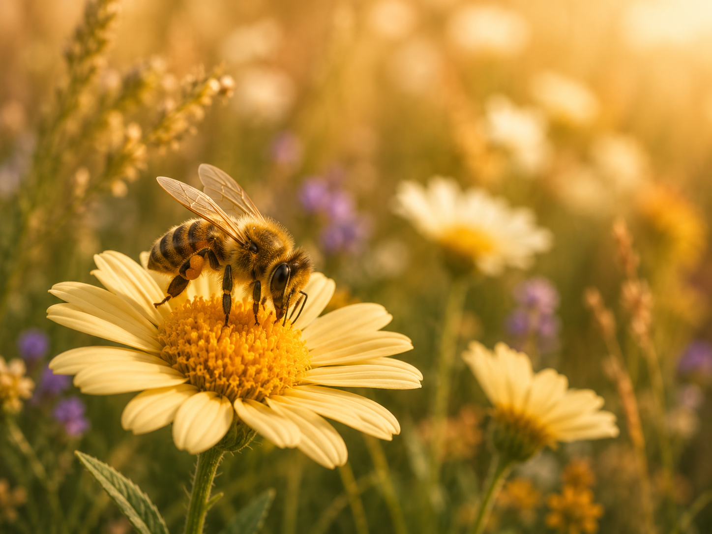 Honey bee resting on a sunlit flower