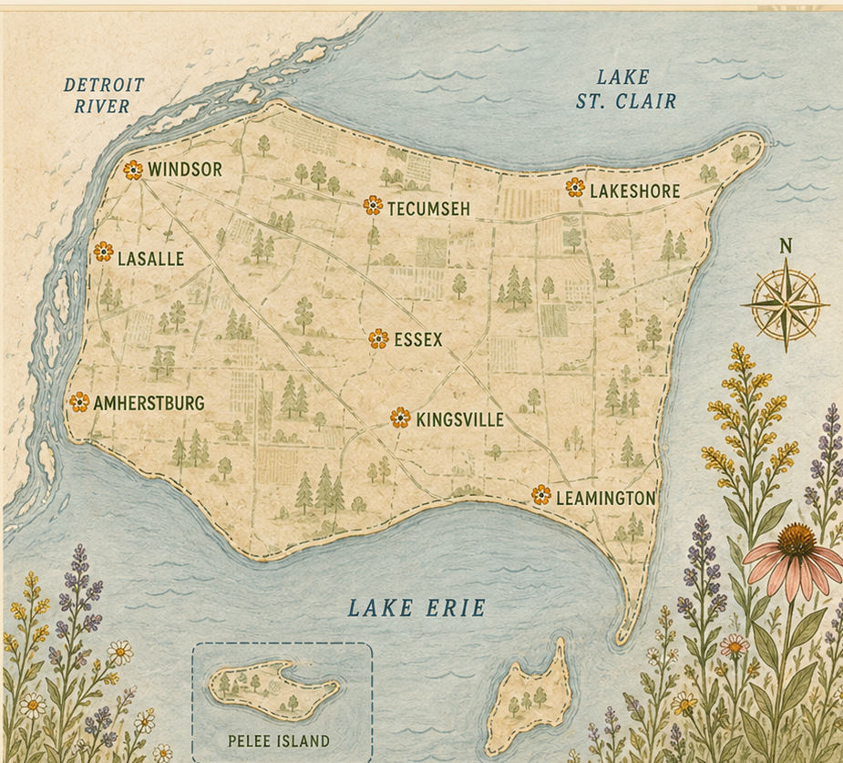 Illustrated map of Windsor–Essex County, Ontario, Canada showing Windsor, LaSalle, Tecumseh, Lakeshore, Essex, Amherstburg, Kingsville, Leamington, surrounding waters, and a Pelee Island inset.